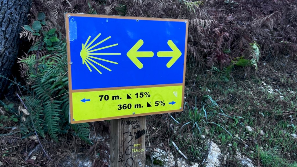 Directional sign indicating two routes: left at 70 meters with a 15% incline, and right at 360 meters with a 5% incline.