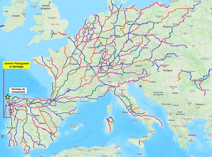 Map showing various walking routes in Europe, highlighting the Camino Portuguese to Santiago and the destination of Santiago de Compostela.