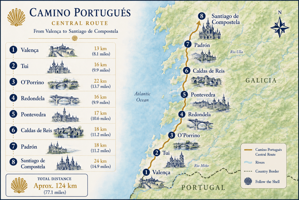Map of the Camino Portugués Central Route from Valença to Santiago de Compostela, detailing distances between key locations and total distance of approximately 124 km.