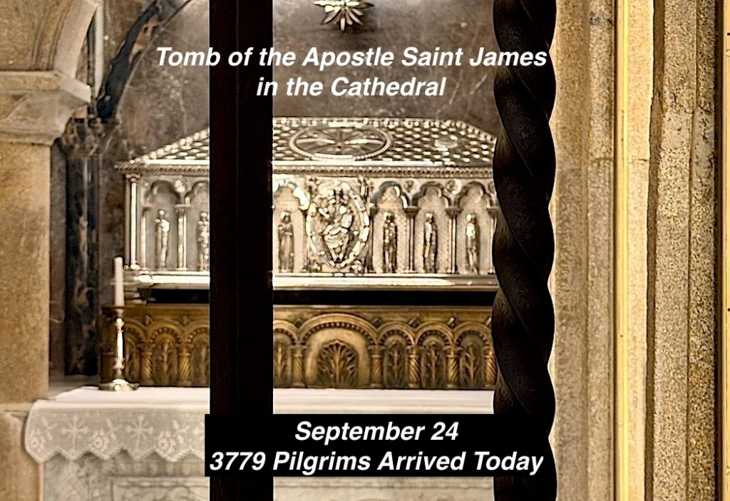 Interior view of the Cathedral showcasing the Tomb of the Apostle Saint James with decorative details, a candle holder, and a message indicating the arrival of 3779 pilgrims on September 24.