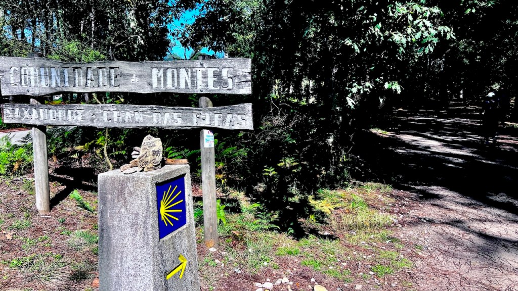 A wooden sign indicating 'Comunidade de Montes' and 'Xaxadoide: Chan das Pitas', with a stone sculpture on a post featuring a blue and yellow symbol and an arrow pointing right, amidst a natural forest setting.