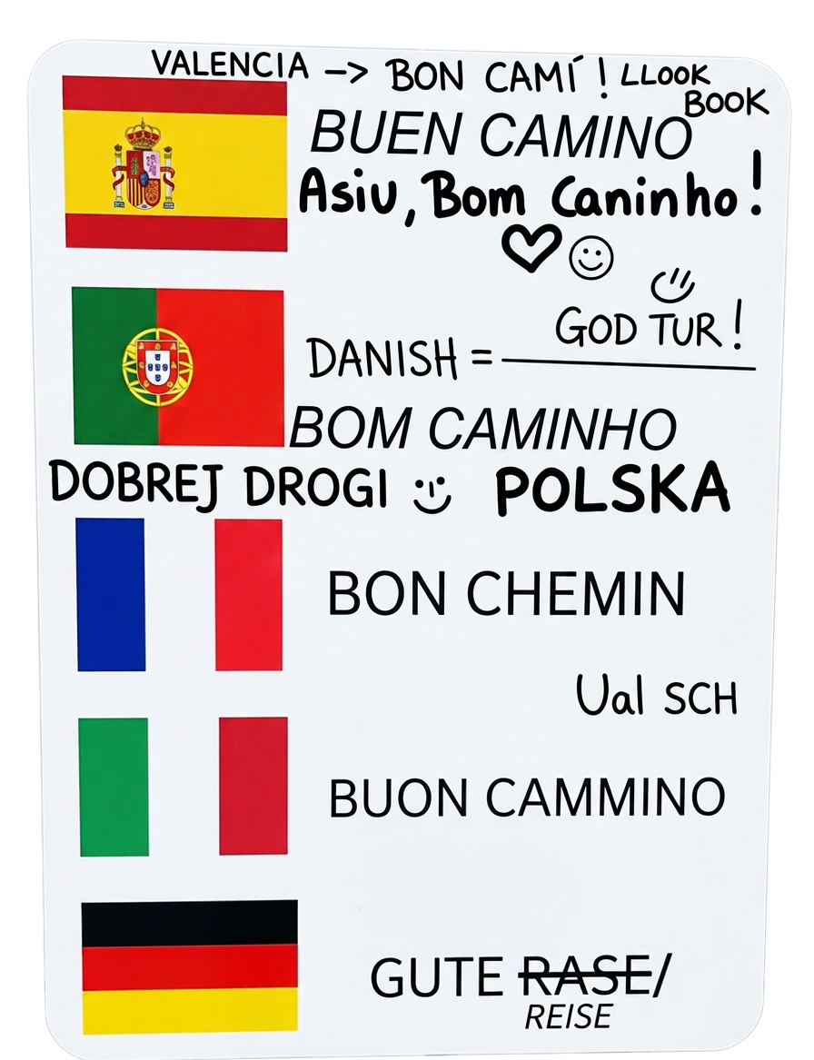 A multilingual sign featuring various national flags and greetings related to travel, including 'Buen Camino' in Spanish, 'Bom Caminho' in Portuguese, and other expressions in different languages.