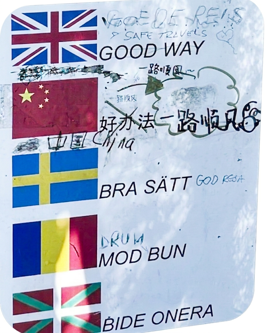 A sign with various country flags including the UK, China, Sweden, Romania, and Basque, featuring phrases in English, Chinese, and Swedish, with graffiti markings.